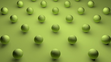 3D rendering of a set of green spherical objects with a wavy surface on a green matte background. Image for the desktop background. Abstract, 3D illustration of futuristic design.