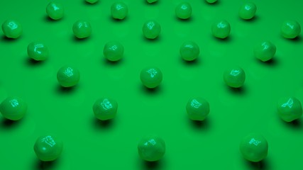 3D rendering of a set of green spherical objects with a wavy surface on a green matte background. Image for the desktop background. Abstract, 3D illustration of futuristic design.