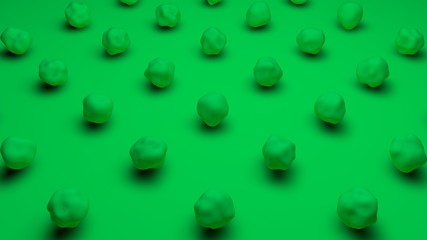 3D rendering of a set of green spherical objects with a wavy surface on a green matte background. Image for the desktop background. Abstract, 3D illustration of futuristic design.
