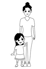 Family single mother with children cartoon in black and white