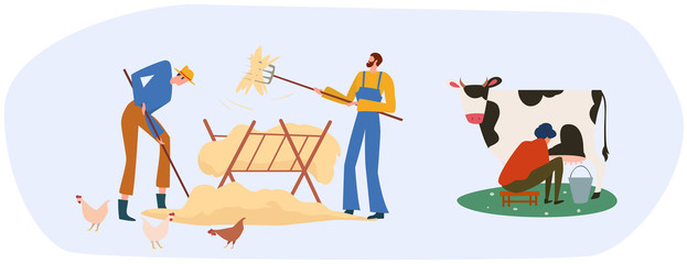 Set of farmers or agricultural workers are working on the farm with domestic animals. The milkmaid is milking the cow and men gathering hay near some chickens. Vector illustration.