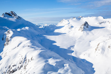 Looking down on the Snowbird Glacier and Nunatak in the distance. Shot from a small peak to the north of the Snowbird Hut.