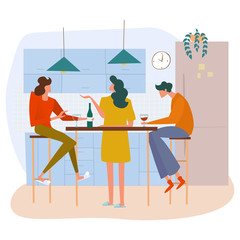 Collection of people cooking in the kitchen are resting drinking vine, dining together, eating food and having small talks. Vector illustration.