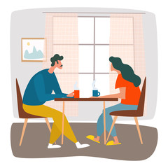 Man and woman are drinking hot drinks and spending their family time at home. Vector cartoon flat illustration.