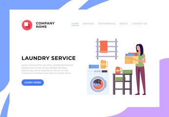 Woman character bringing basket with dirty cloth wash. Housekeeping web banner concept. Vector flat graphic design cartoon illustration