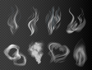 set of steam and cigarette realistic smoke isolated on transparent background vector illustration.