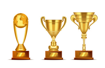 Set of realistic golden, trophy cup or award with text plate for champions. Sport winners cup. Vector Illustration