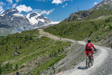 Fototapeta na wymiar active senior woman, riding her electric mountainbike below the famous Gornergrat in Zermatt, in the background Rimpfischhorn and Strahlhorn,Wallis,Switzerland
