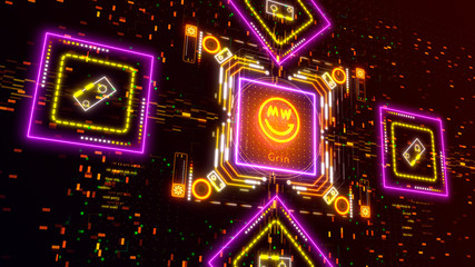 Obraz premium Mining Grin cryptocurrency. Finance and business. Glow neon lights, blur