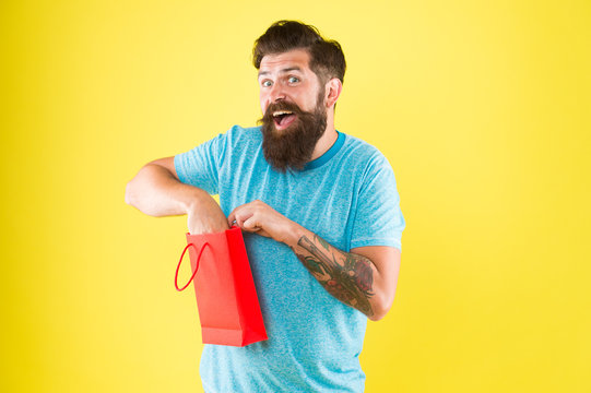 Happy Hipster Hold Paper Bag. Bearded Man Smiling With Purchase. Impulse Purchase. Shopping Concept. Shop Store Mall Boutique. Buy Product. Aspects Can Influence Customer Decision Making Behavior