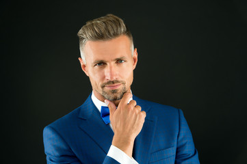 Something on his mind. Gentleman hipster hairstyle. Barber shop concept. Beard and mustache. Guy...