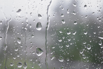 Raindrops on the glass. Cloudy cold weather. Close-up. Background. Texture.