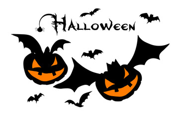 Happy Halloween! Scary pumpkin and bats. Vector