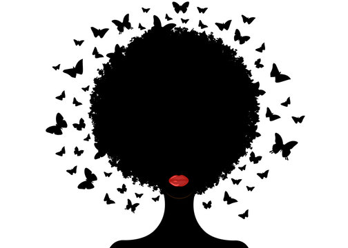 butterflies decorative composition with silhouette portrait black girl. Beauty center concept, hairstyle salon, Spa. Swarm of butterflies headdress in curly coiffed. Logo young beautiful Afro woman  