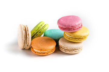 Macaroons on a white background. Side view. Place for text