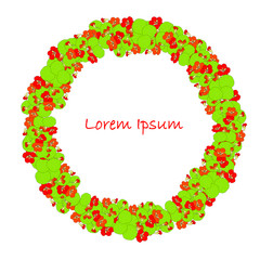 Nasturtium plant round frame, Lorem Ipsum orange flowers, green leaves design element stock vector illustration for your design