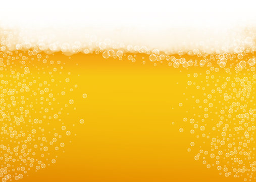 Lager beer. Background with craft splash. Oktoberfest foam. restaurant banner template. Shiny pint of ale with realistic white bubbles. Cool liquid drink for Golden bottle with lager beer.