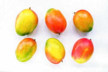 Six fresh ripe yellow, red, green mango fruits on a white background, top view