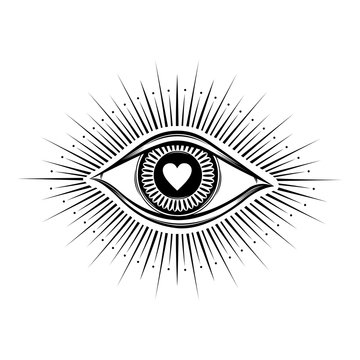 All seeing eye symbol. Vision of Providence. Alchemy, religion, spirituality, occultism, tattoo art. Isolated vector illustration. Conspiracy theory. Decorative drawing style. Priint logo
