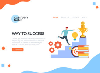 Man character running up success stairs. Success growing concept. Vector flat cartoon graphic design isolated banner poster illustration