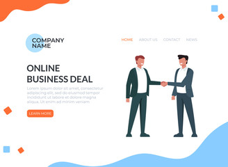 Two businessman shaking hands. Vector flat cartoon graphic design banner poster illustration