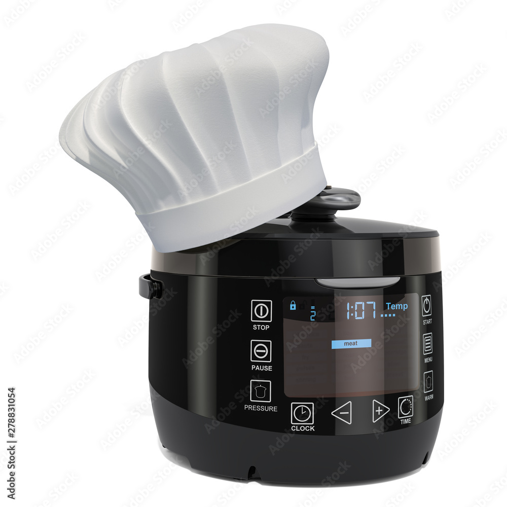 Poster automatic multicooker with chefs hat, cooking concept. 3d rendering