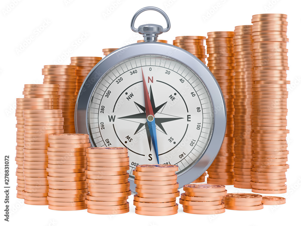Poster compass with growing chart from gold coins around. 3d rendering