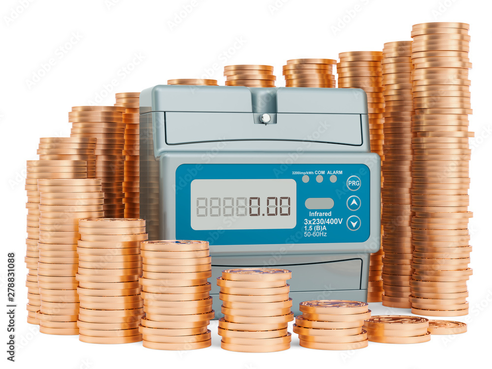 Poster electric meter with growing chart from gold coins around. saving energy consumption concept. 3d rend