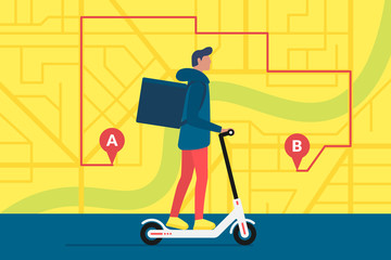 Delivery young male courier riding electric scooter with package product box. Fast shipping service concept on city street map plan with GPS pins and navigation route. Vector illustration