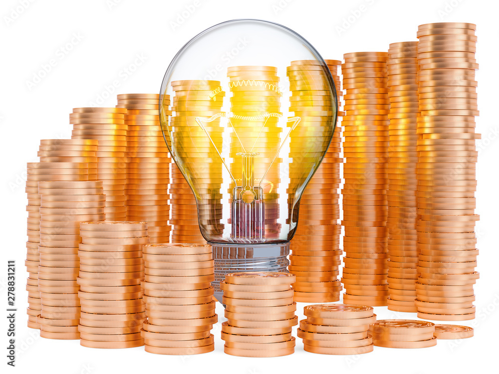 Aufkleber lightbulb with growing chart from gold coins around. saving energy consumption concept. 3d rendering