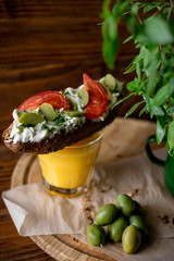  Vegetarian bruschetta. Rustic breakfast in green grass