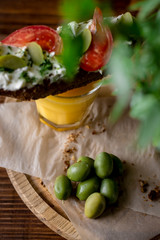  Vegetarian bruschetta. Rustic breakfast in green grass