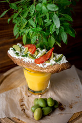  Bruschetta with soft cheese and basil breakfast appetizer