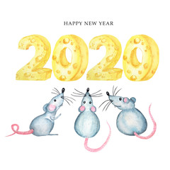 2020 cheese font greeting card. Watercolor cartoon hand drawing Rat symbol of the Chinese horoscope 2020 year. Happy Chinese rat new year card. Isolated on a white background