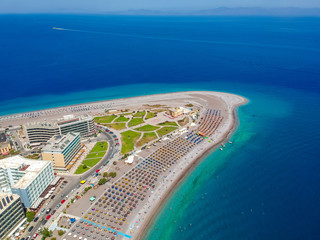 Aerial birds eye view drone photo of Elli beach on Rhodes city island, Dodecanese, Greece. Panorama...