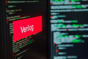 Programming language, Verilog inscription on the background of computer code.