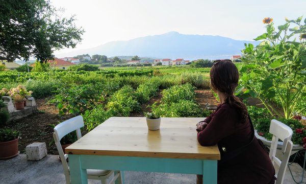 A woman waiting at a table ready to enjoy a meal with a view of a sprawling wine vineyard growing the local grk grapes with the small town of Lumbarda in the background, on Korcula island in Croatia.