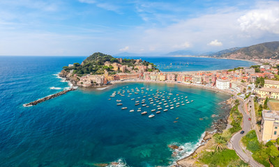 Sea aerial landscape in Sestri Levante, Liguria, Italy. Scenic fishing village with traditional...