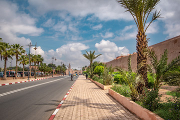 Landscape view of the street outside of city wall. Marrakech, Morocco