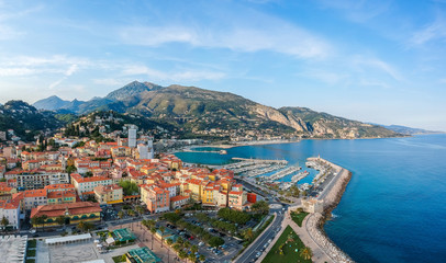 Naklejka na ściany i meble Panorama of Menton, Cote d'Azur, France, South Europe. Nice city and luxury resort of French riviera. Famous tourist destination with nice beach on Mediterranean sea