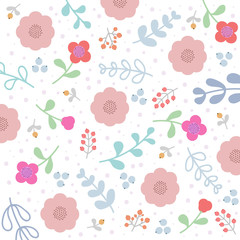 Summer floral seamless pattern, flat design for use as background, wrapping paper or wallpaper