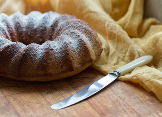 The round sweet cake strewed with icing sugar on a wooden board with a knife. 
