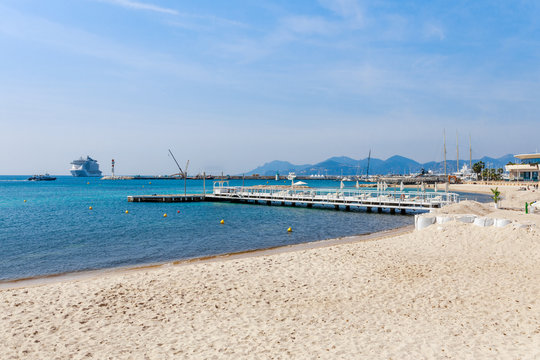 Panorama of Cannes, Cote d'Azur, France, South Europe. Nice city and luxury resort of French riviera. Famous tourist destination with nice beach and Promenade de la Croisette on Mediterranean sea