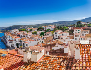 Top view in Cadaques, Catalonia, Spain near of Barcelona. Scenic old town with nice beach and clear...