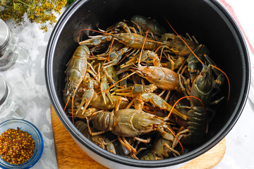 Fresh crayfish in a bowl of the multicooker on a concrete background - ingredients for cooking boiled crayfish in a multicooker. Step 2.