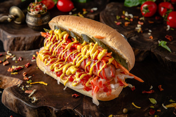 Hot dog with ketchup and mustard  for take away or food delivery on wooden background.