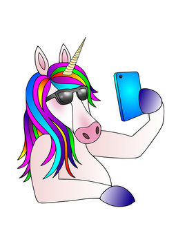 Unicornio con teléfono celular con lentes oscuros