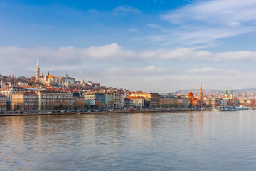 Fototapeta premium Panorama cityscape of famous tourist destination Budapest with Danube and bridges. Travel landscape in Hungary, Europe.