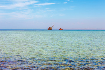 Red Sea coast, reef and wrecked ship in the Nabq National Park. Famous travel destionation in...