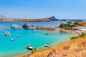 Sea skyview landscape photo Lindos bay and sea coast on Rhodes island, Dodecanese, Greece. Panorama...